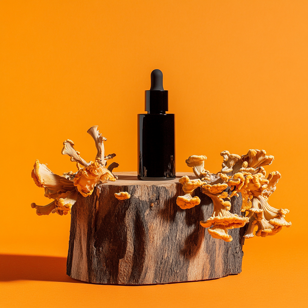 Cosmetic bottles rest on wood with fresh Cordyceps