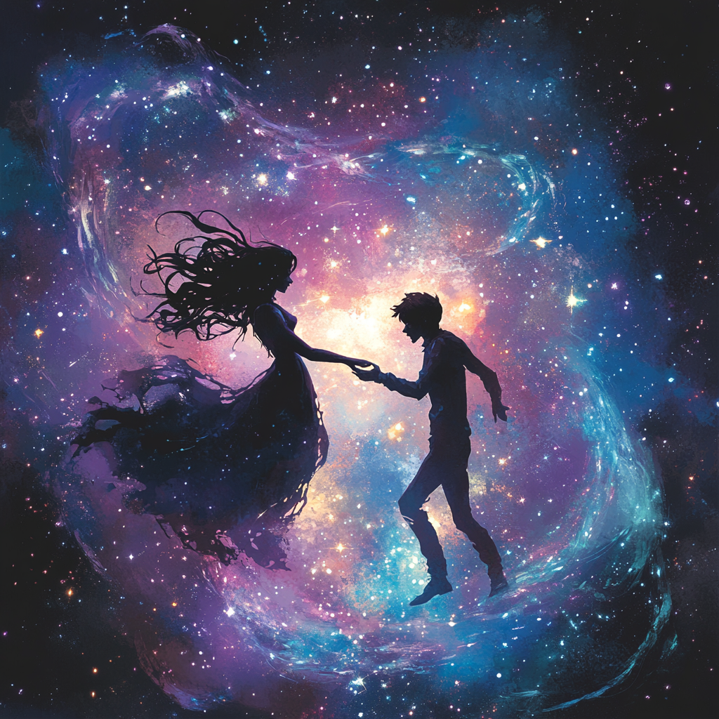 Cosmic Lovers Embrace in Sparkling Space Galactic Setting