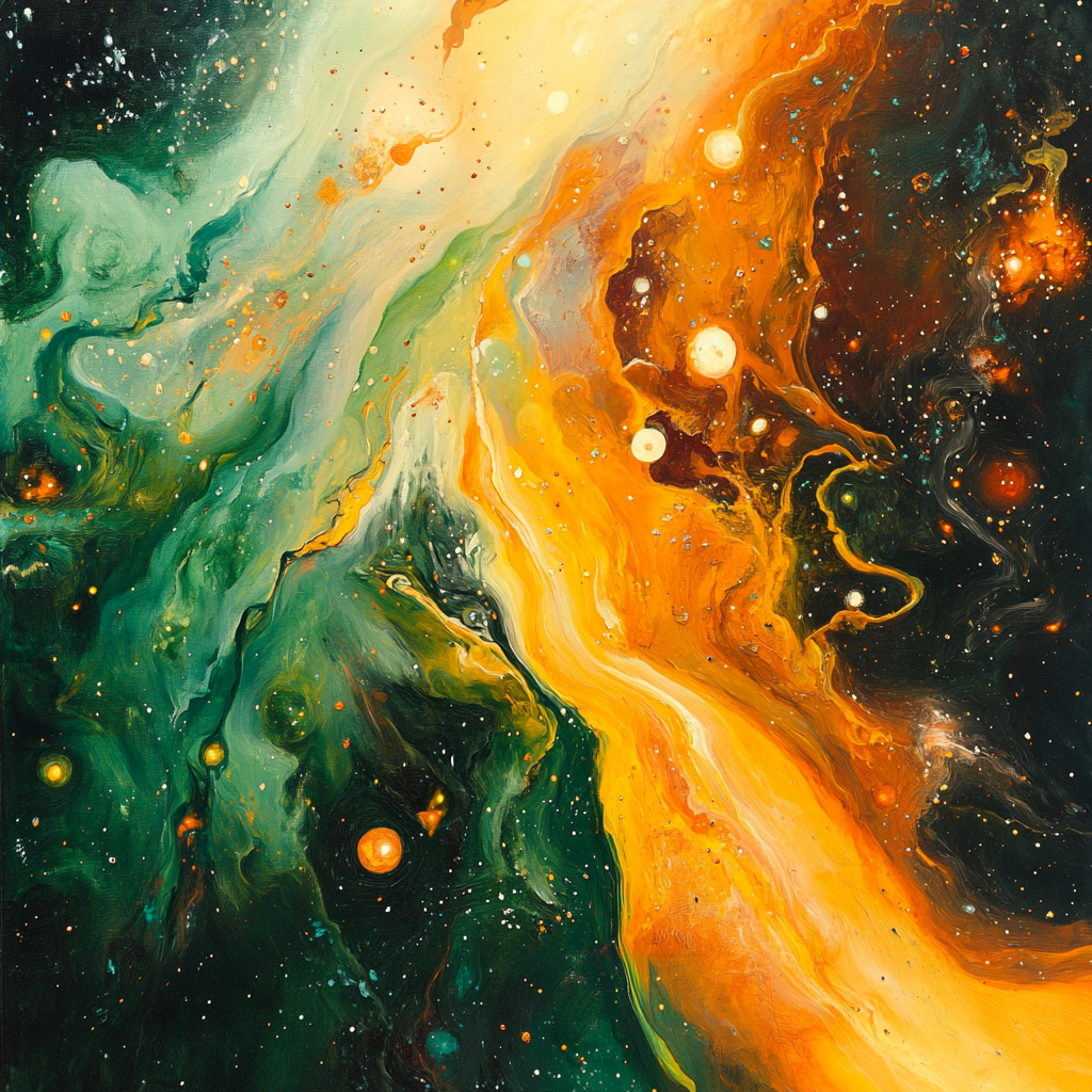 Cosmic galaxies swirling in orange, green, yellow beauty. Aesthetic dreamy.