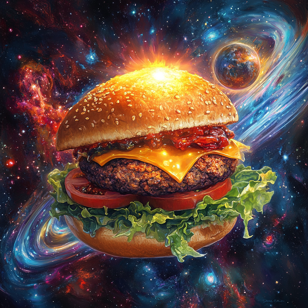 Cosmic hamburger with celestial body ingredients in galaxy backdrop.