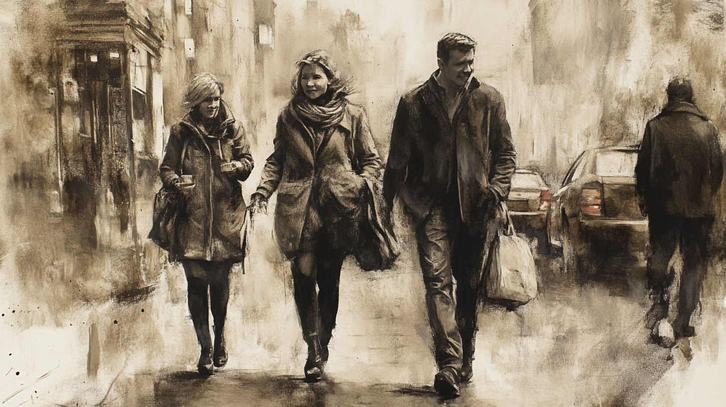 Cosmopolitan city with people walking, messy sepia art