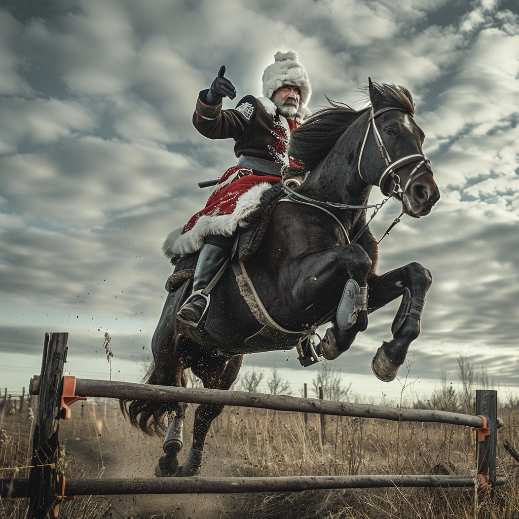 Cossack rider jumps over hurdle with sword on horse.