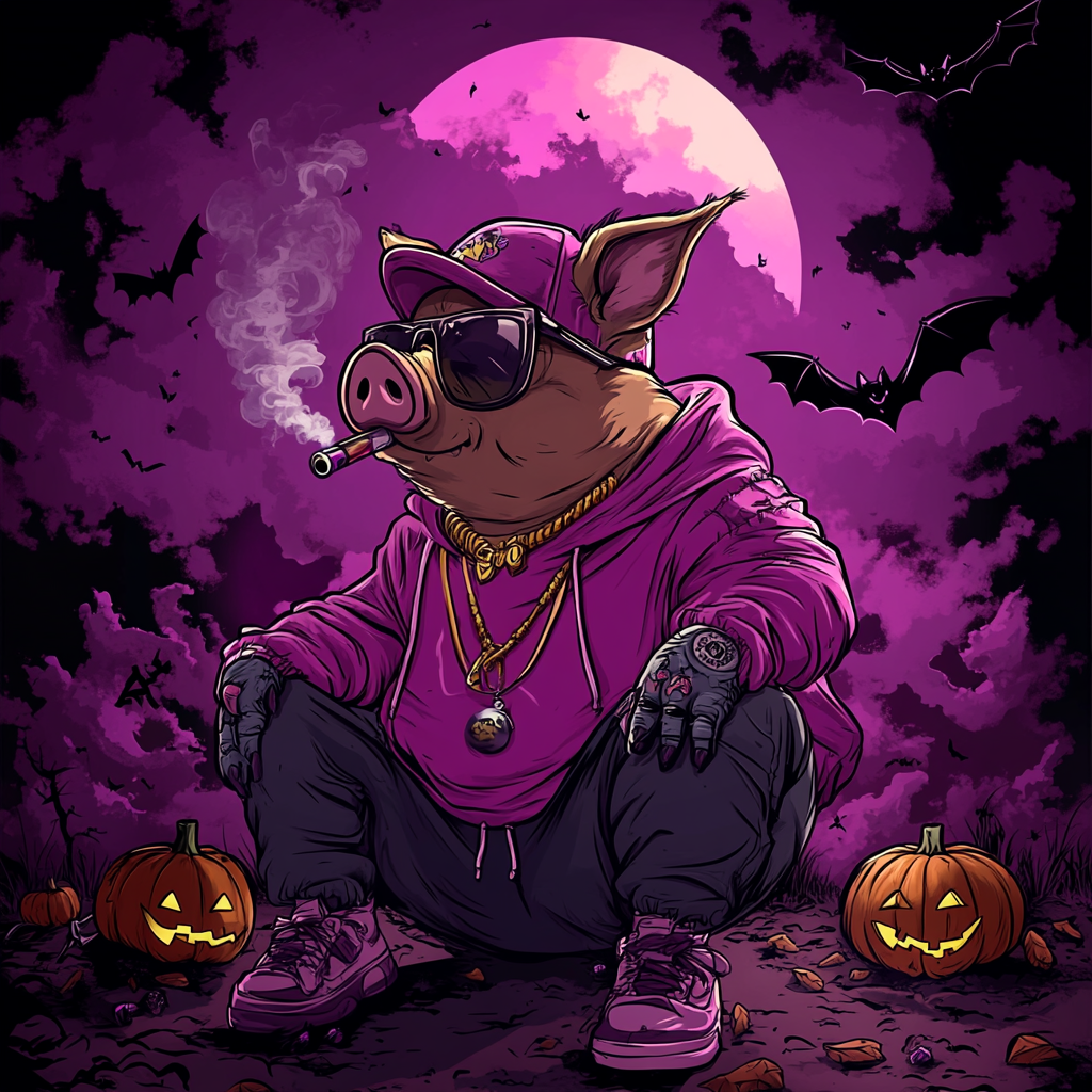 Costumed Pig rapper in spooky Halloween setting