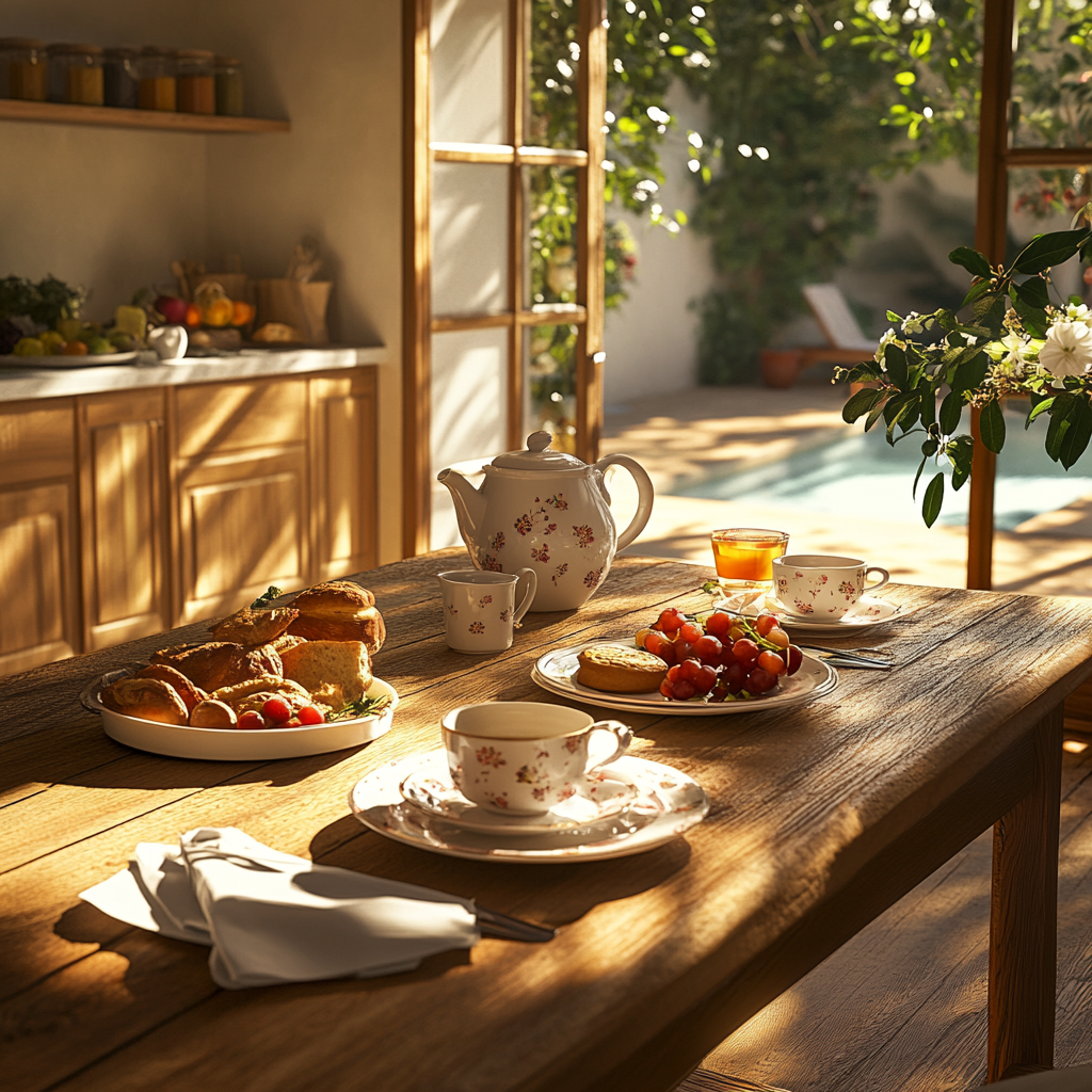 Cosy English breakfast with tea, pastries and fruit.