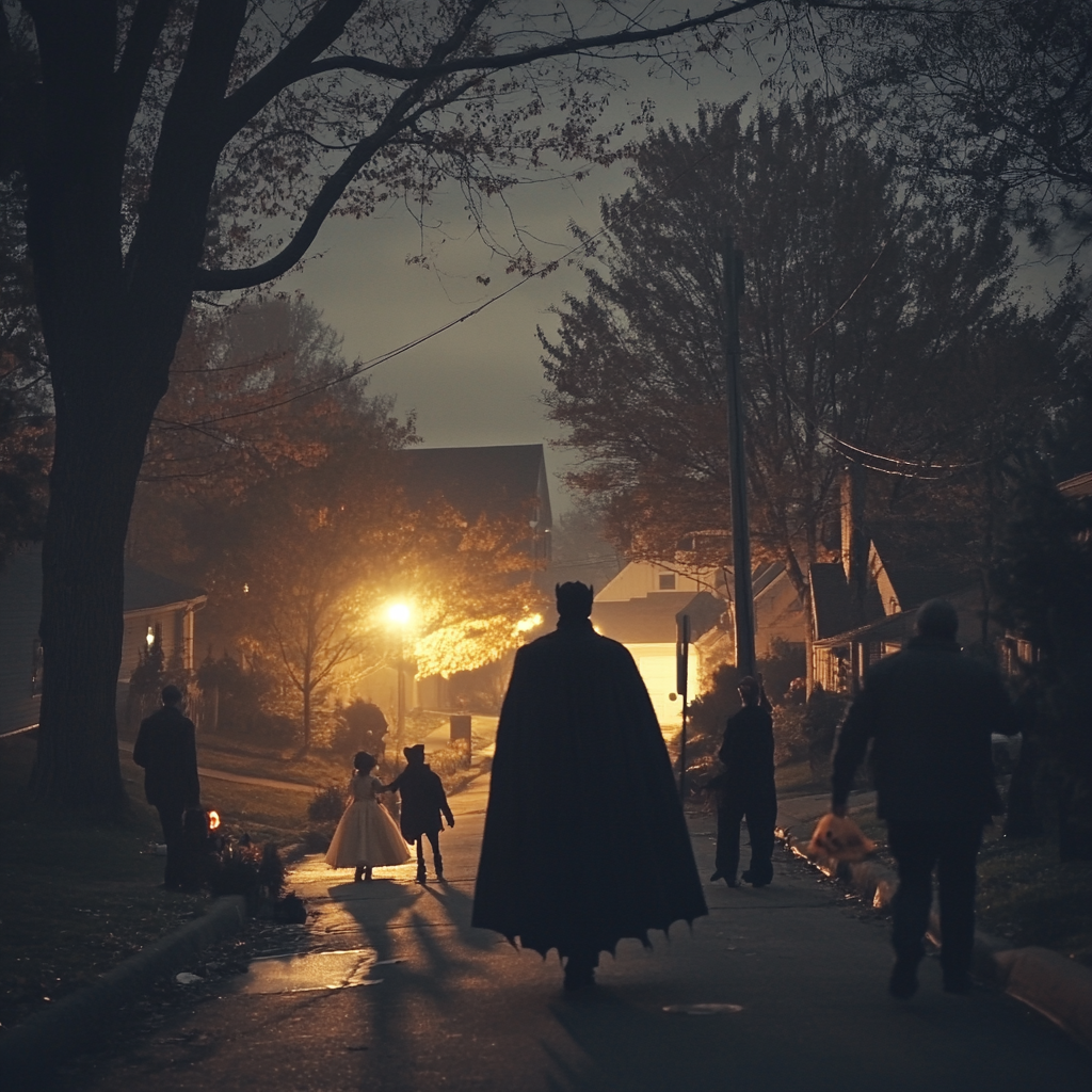 Count Dracula walks among trick or treating neighbors. Halloween.