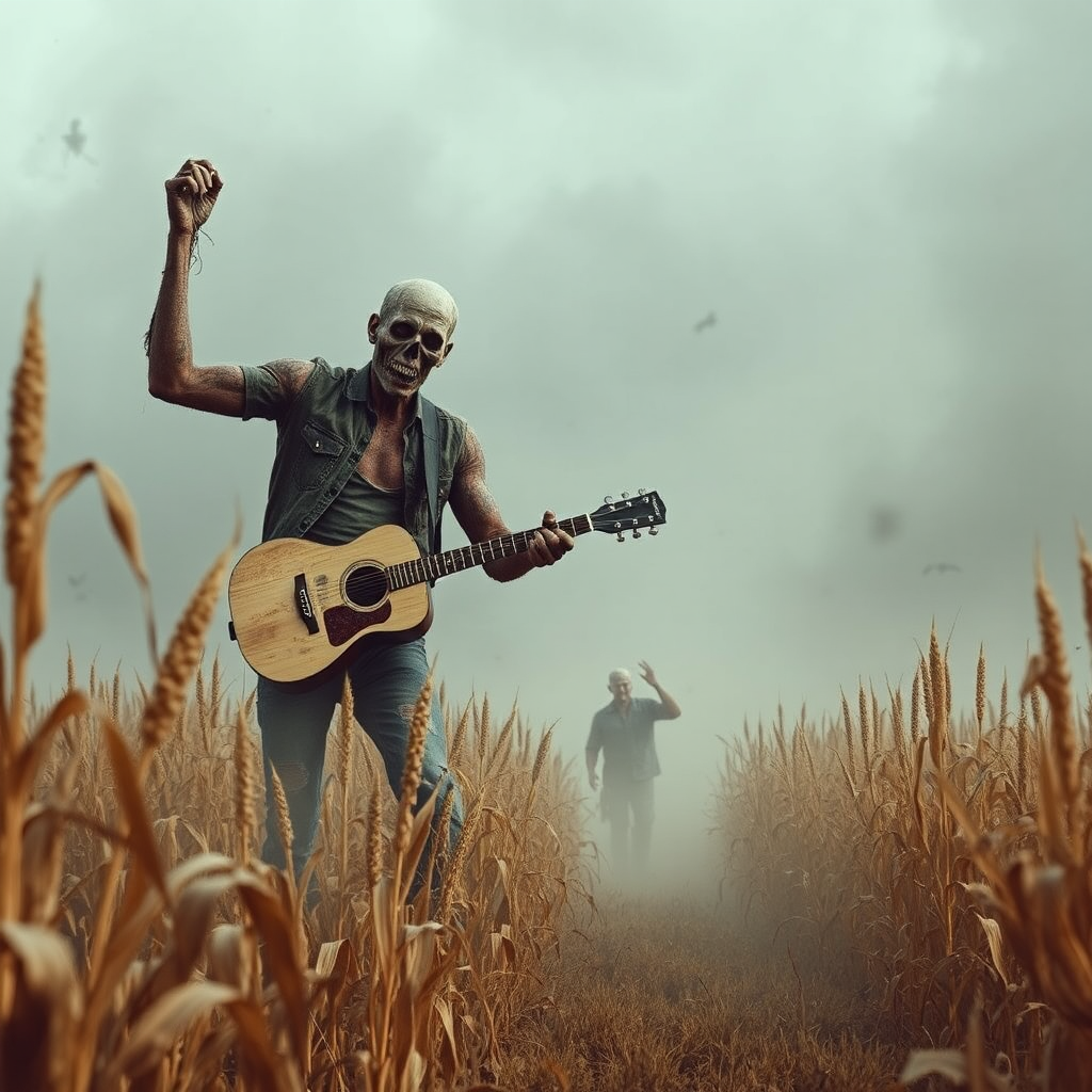 Country music album cover: Zombie attack cornfields.