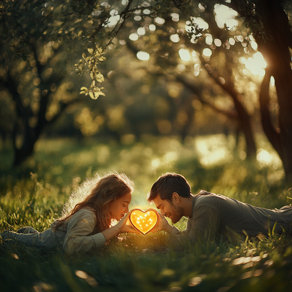 Couple Lying Together on Grassy Field with Heart