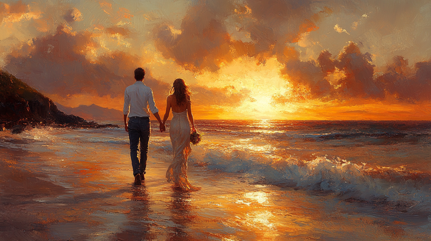 Couple Walking on Beach at Sunset, Romantic Scene