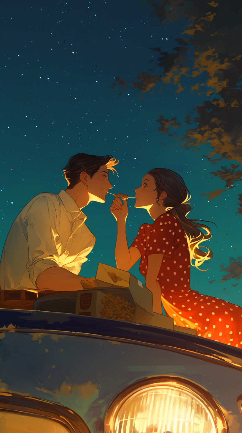 Couple at drive-in theater sharing popcorn under starry sky.