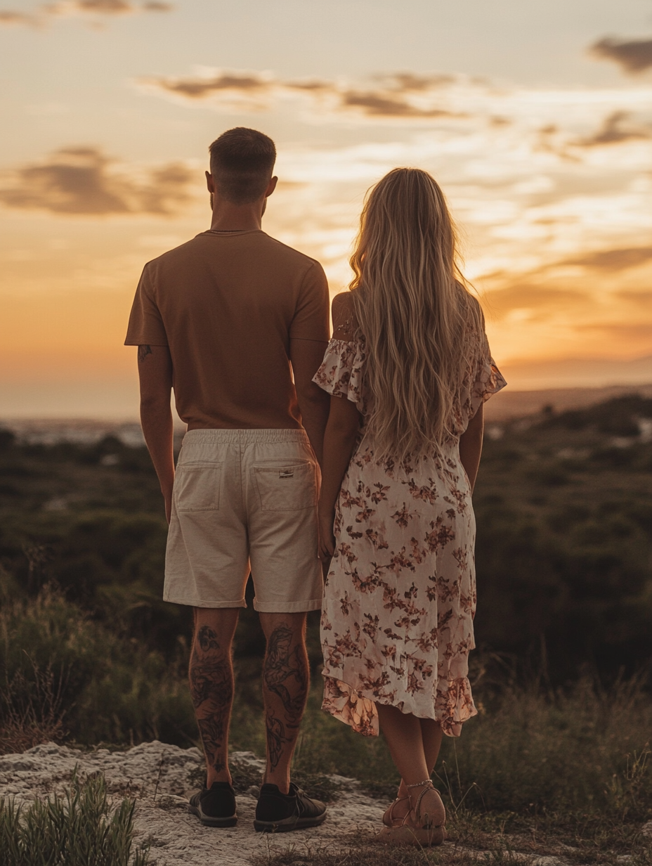 Couple at sunset, man with buzz cut, woman blonde.