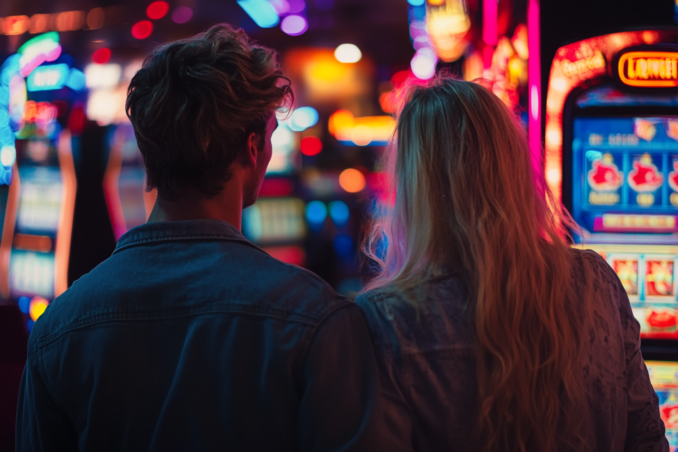 Couple by large slot machine in Vegas, nervous smiles.