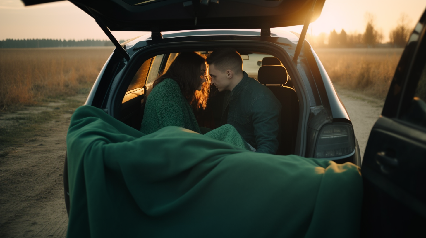 Couple covered in blanket sits in car trunk at sunset.