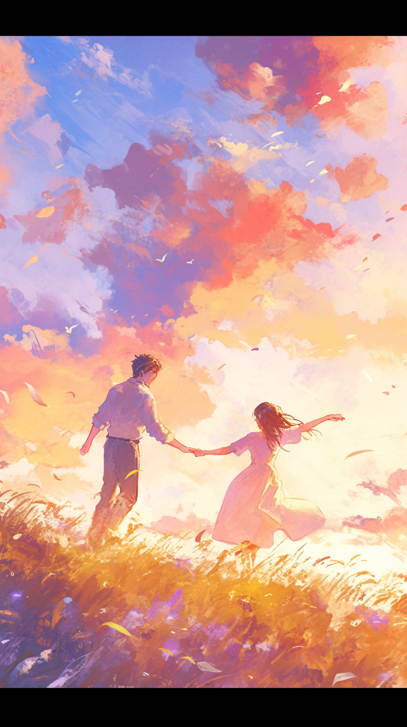 Couple dancing in field at sunset, watercolor style art.