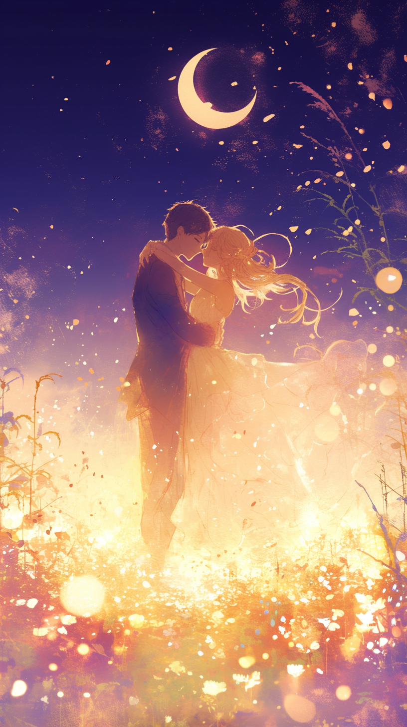 Couple dancing on grass under moonlight, surrounded by stars.