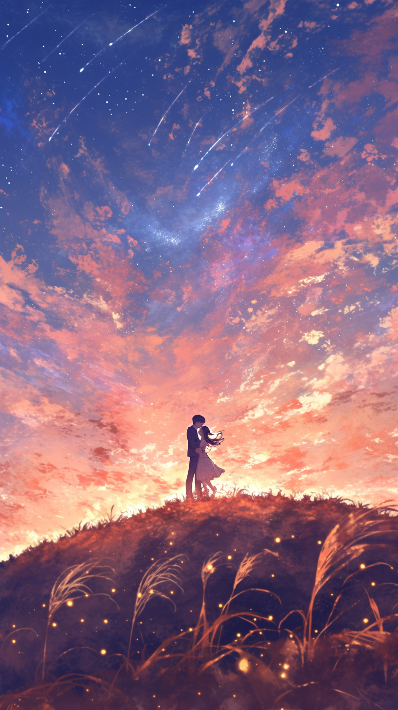 Couple embraces on hill, dancing under starlit horizon.