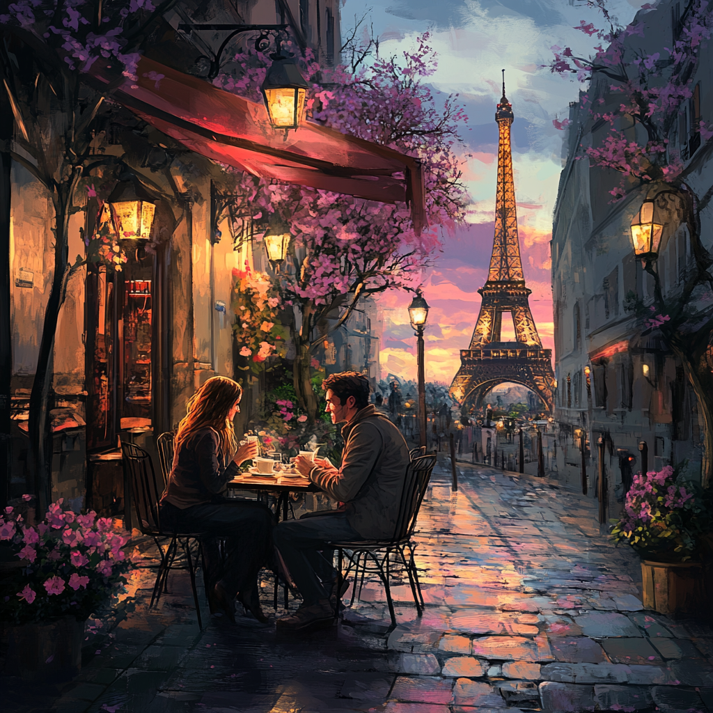 Couple enjoying coffee at Paris café, love in air.