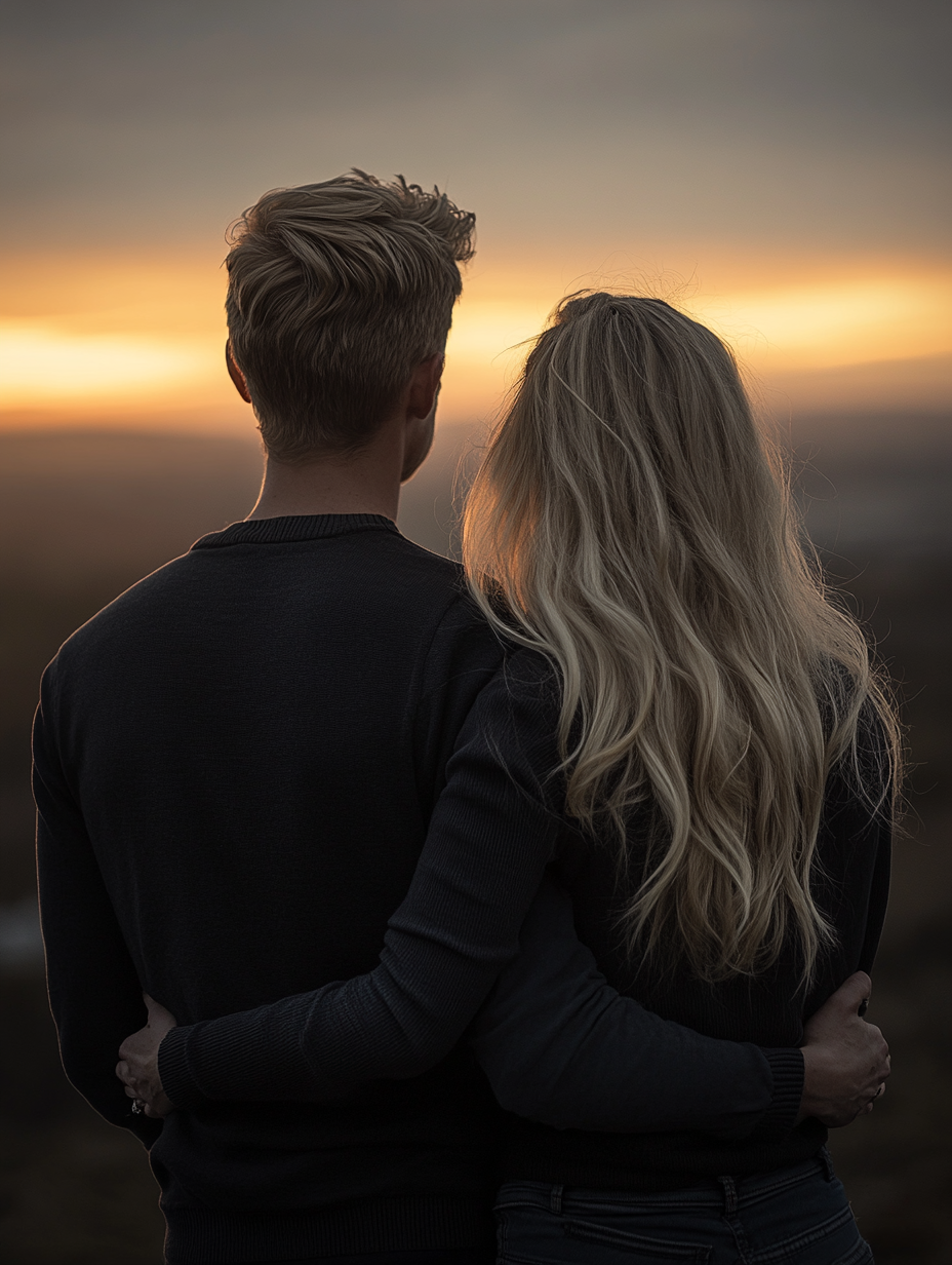 Couple enjoying sunset, man and woman close together.