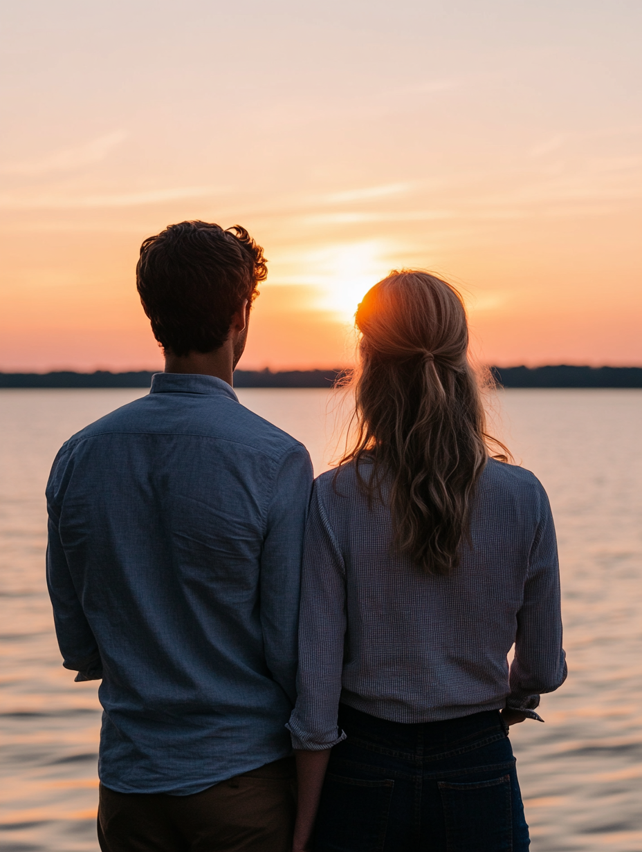 Couple facing sunset, Nikon Z7 II, soft tones.