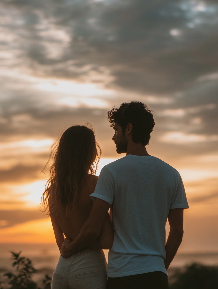 Couple facing sunset, full body shot, soft tones.