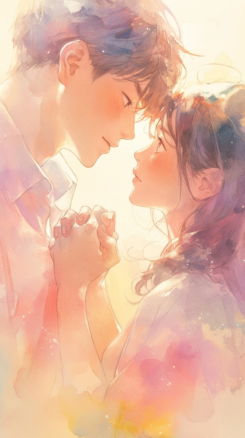 Couple holding hands, gazing lovingly, dreamy watercolor background.