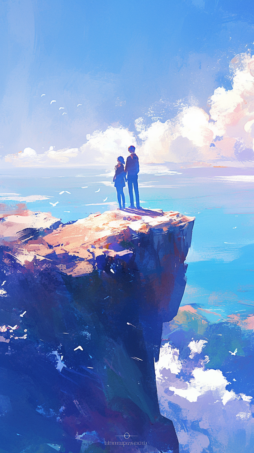 Couple holding hands jumping off cliff into calm sea.