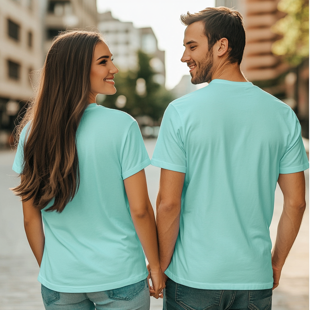 Couple in Aqua unisex t-shirts modeling for mock-up.