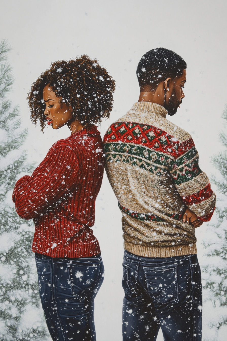 Couple in Christmas Sweaters Arguing, One Crying