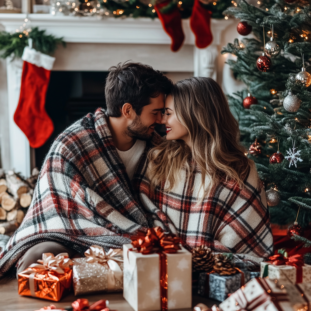 Couple in Plaid Blanket by Christmas Tree.