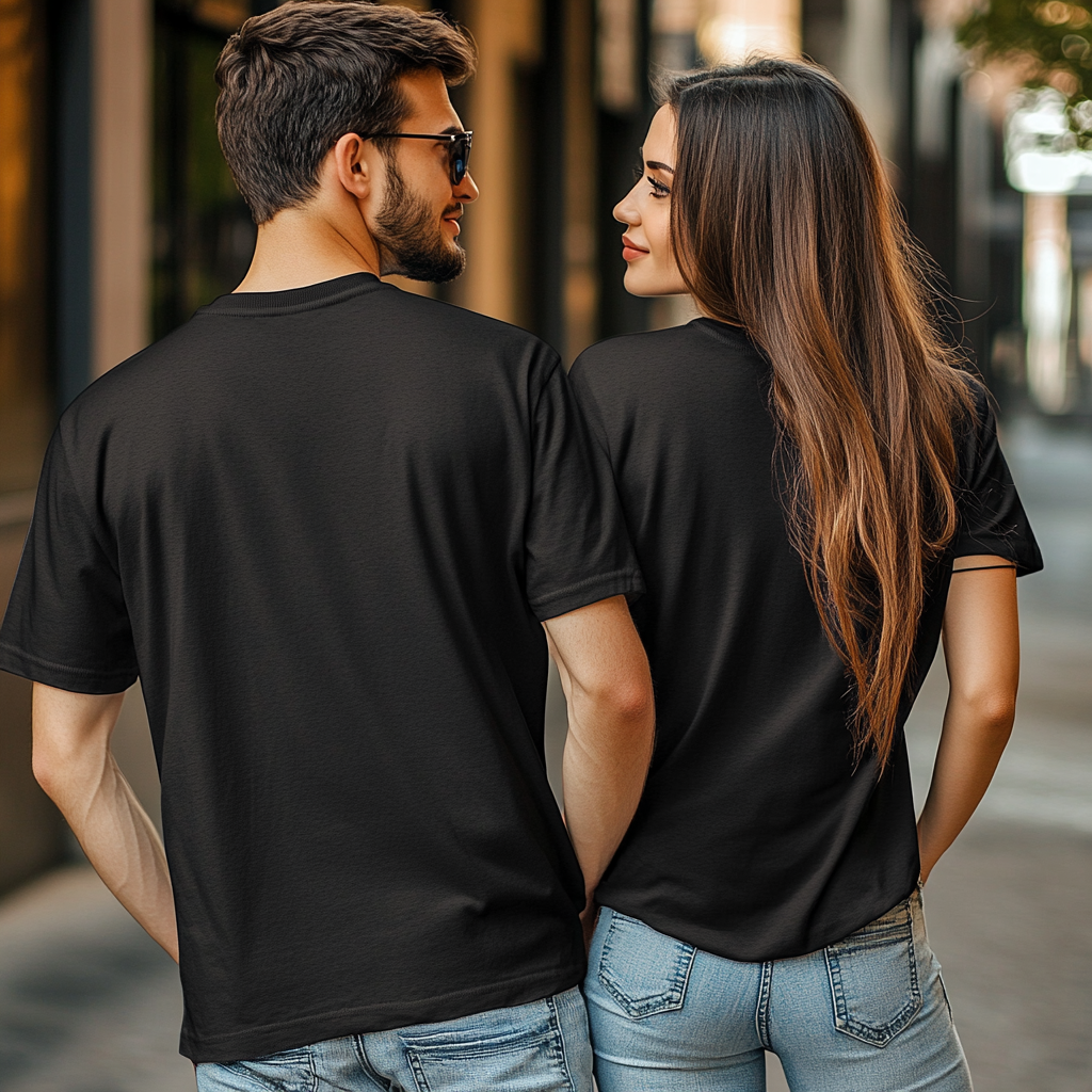 Couple in black shirts posing in urban area.