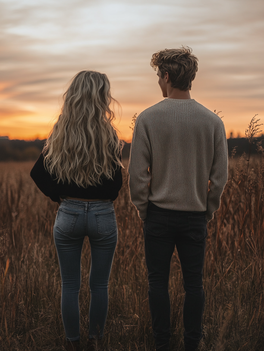 Couple in black shoes facing sunset, realistic photography shot.