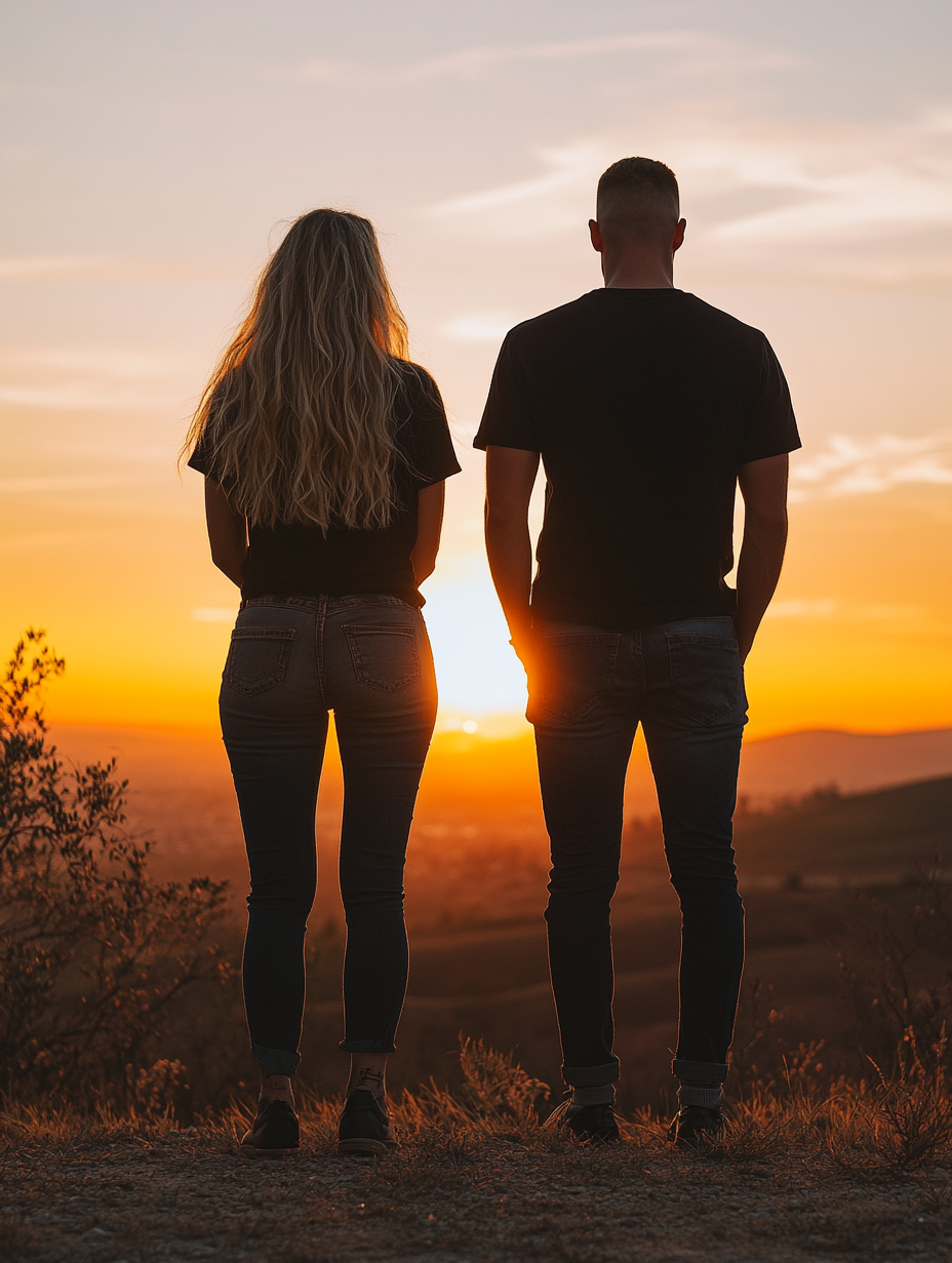 Couple in black shoes watching sunset, natural tones.