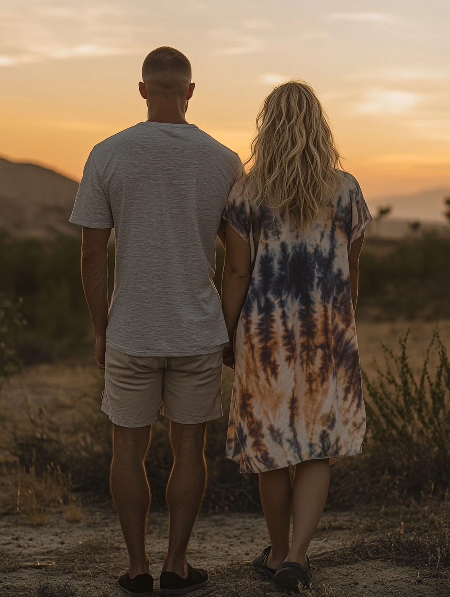 Couple in casual attire, looking at sunset view.