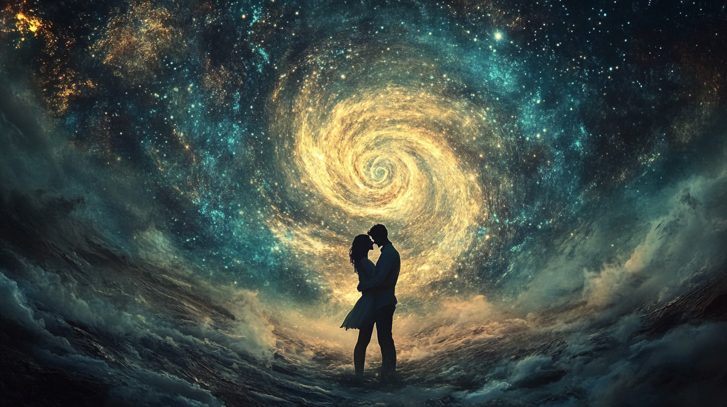 Couple in dark sky with energy spiral.