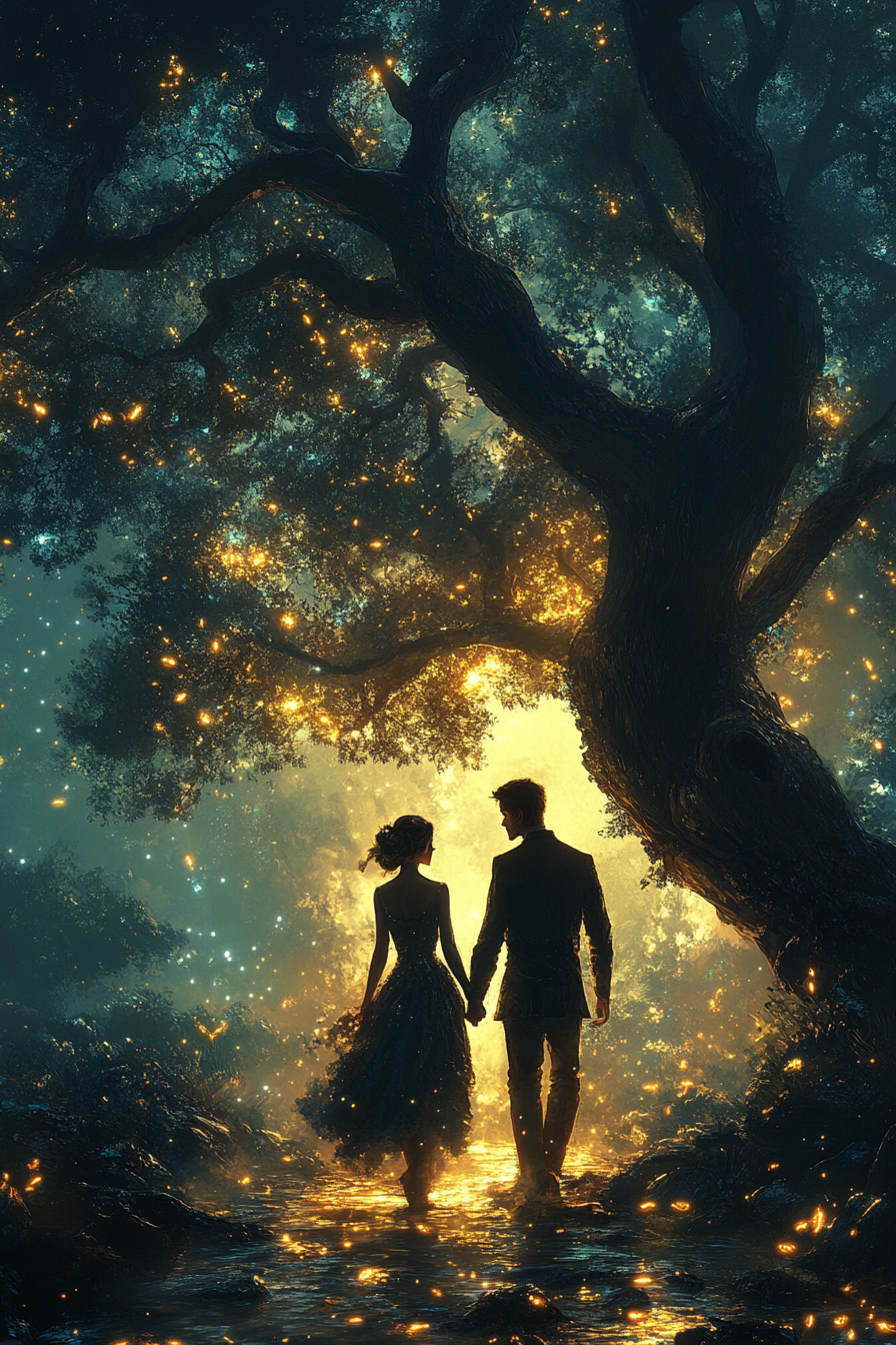 Couple in elegant fantasy attire walking in magical forest.