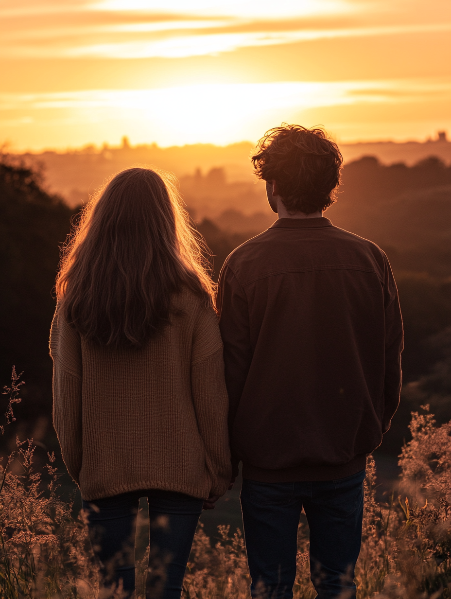 Couple in front of sunset with soft tones.