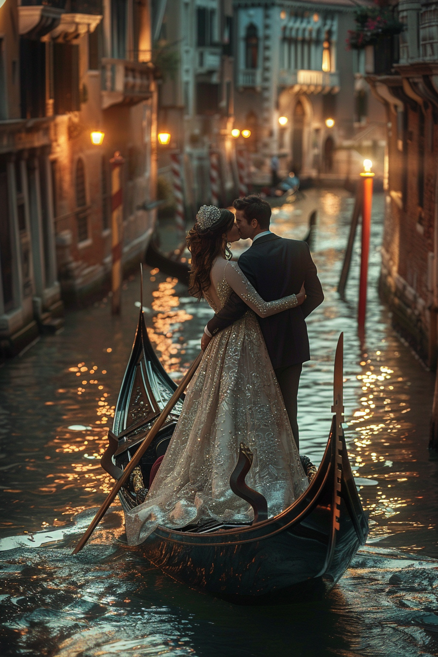 Couple in gondola, water reflecting lights, gazing affectionately.