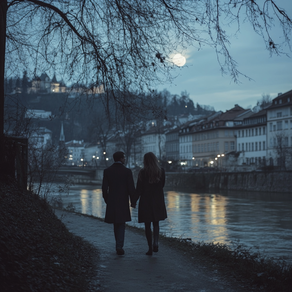 Couple in love walking by river in moonlight.