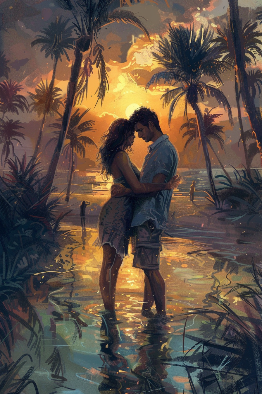 Couple in oasis at sunset, palm trees, calm water.