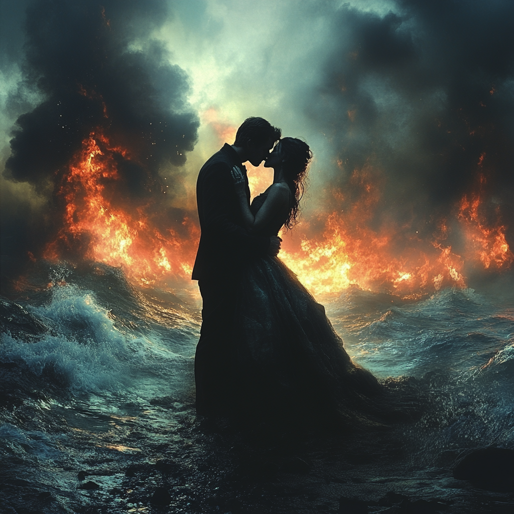 Couple kisses in burning sea amidst chaos.