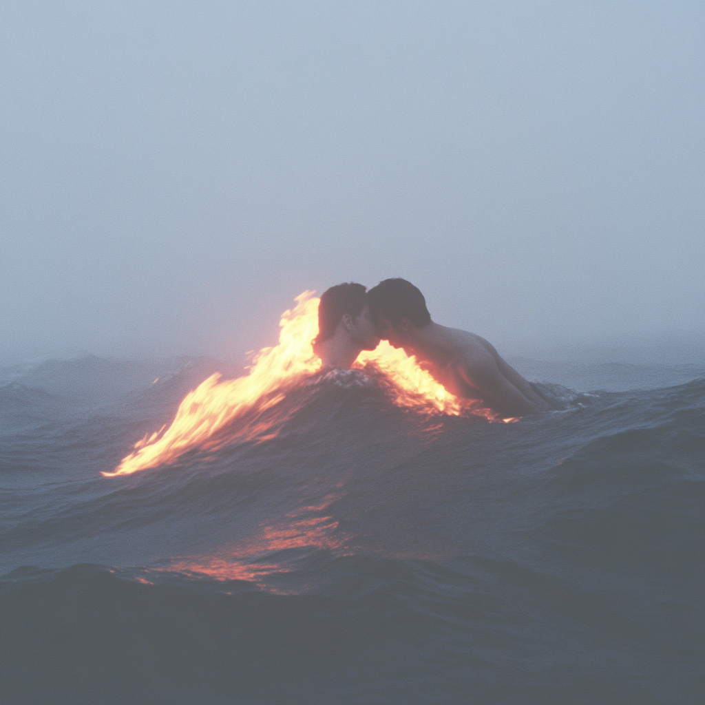 Couple kissing in burning sea amidst chaos.