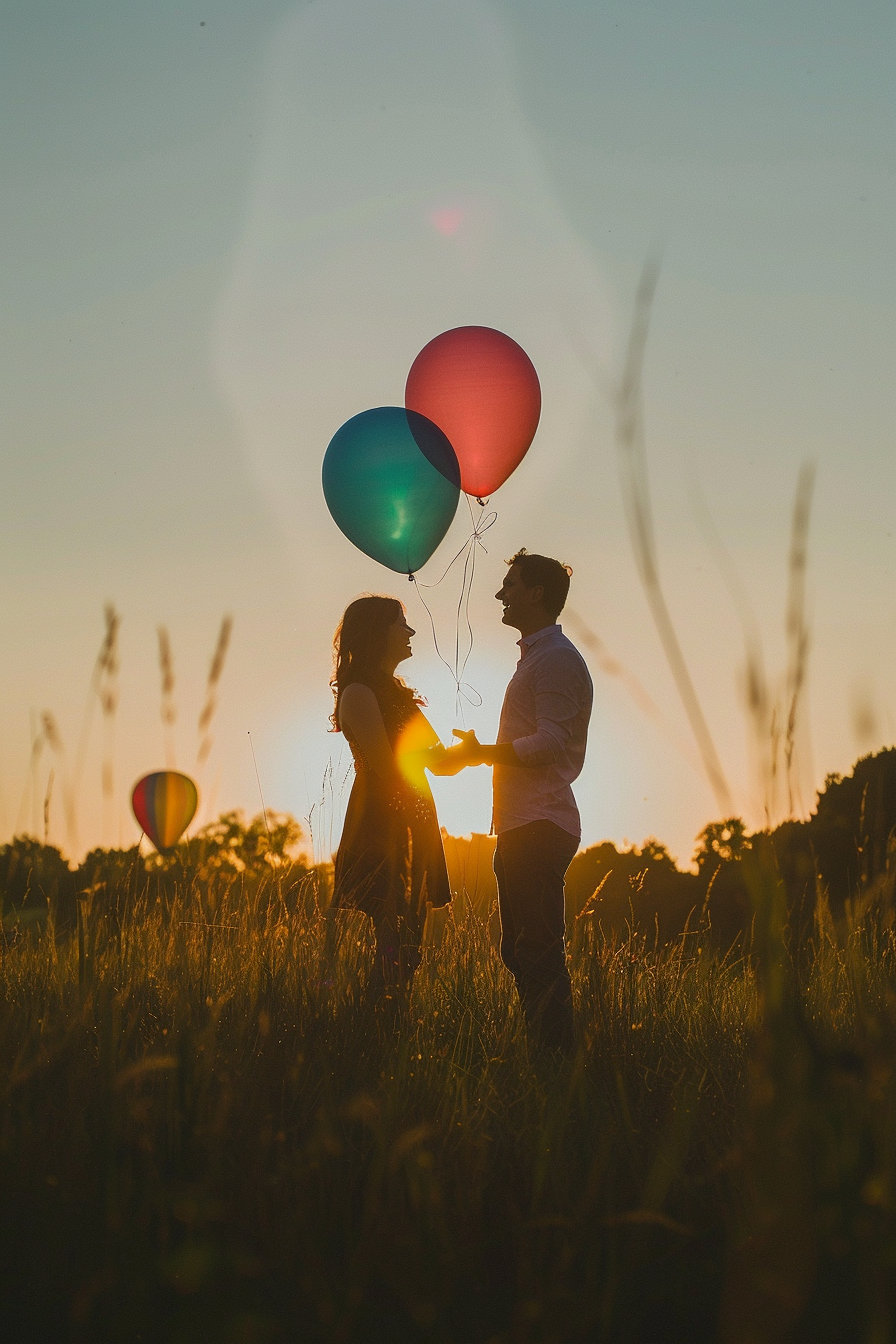 Couple laughing in field, holding colorful balloons at dawn.