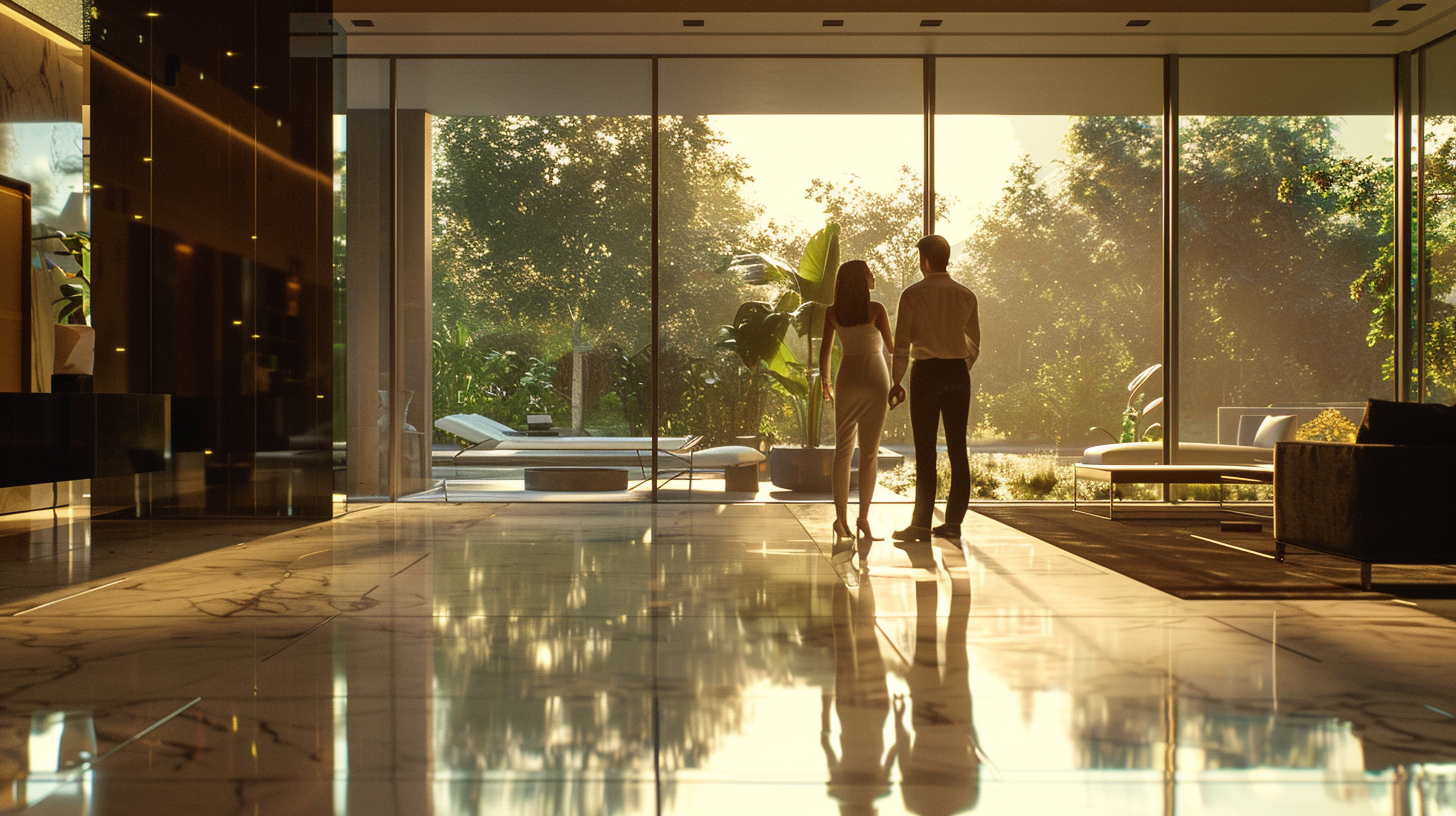 Couple listens to AI Bot in luxury villa.