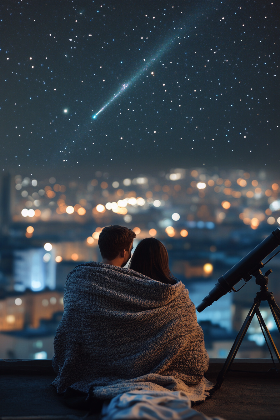 Couple on rooftop under starlit sky wrapped in blanket.