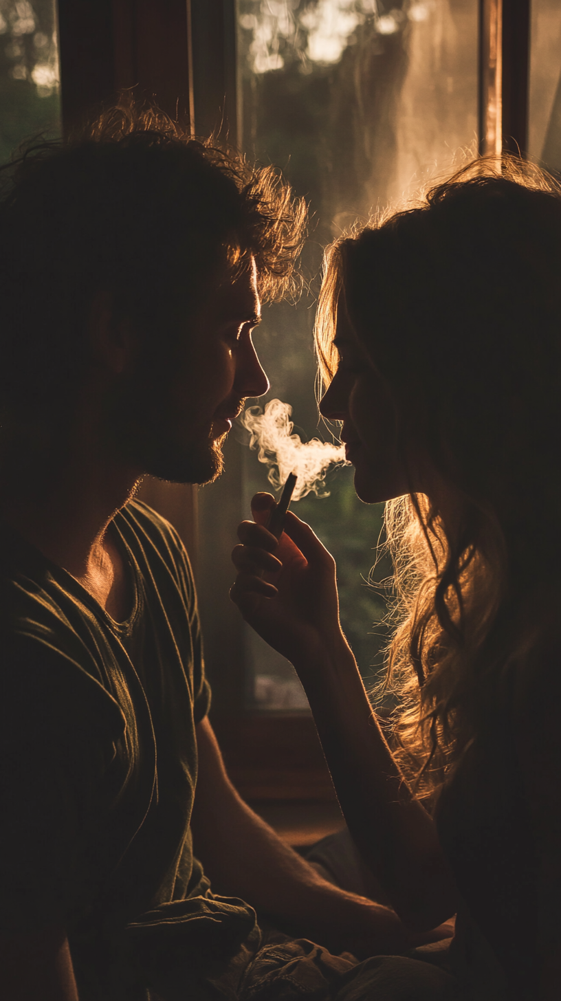 Couple sharing a blunt in relaxed, intimate setting