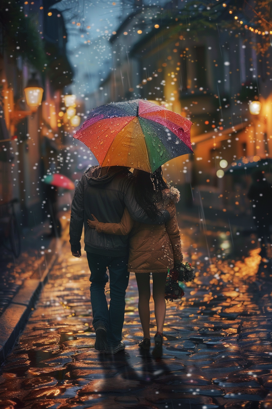 Couple sharing umbrella, laughing in rain on cobblestone street.