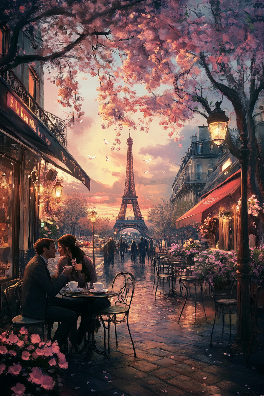 Couple sipping coffee at Parisian café with Eiffel Tower.