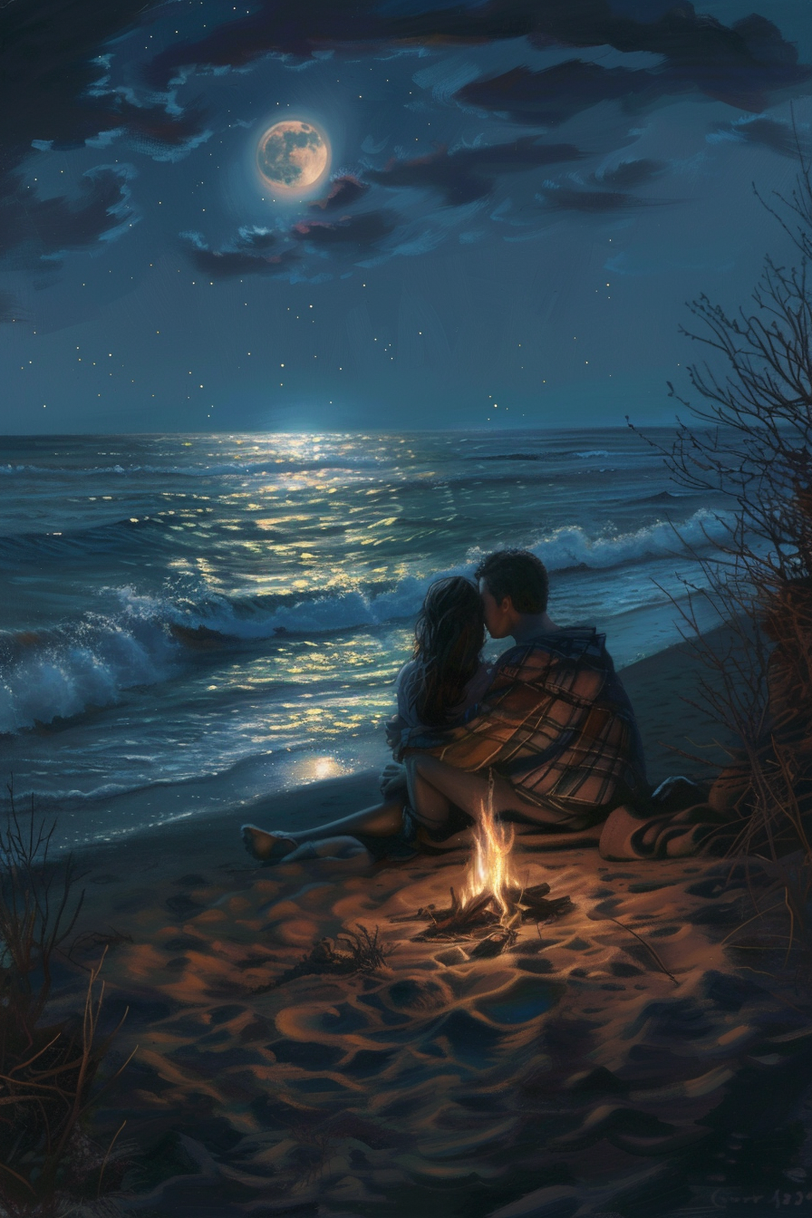 Couple sitting on sand by bonfire near crashing waves.