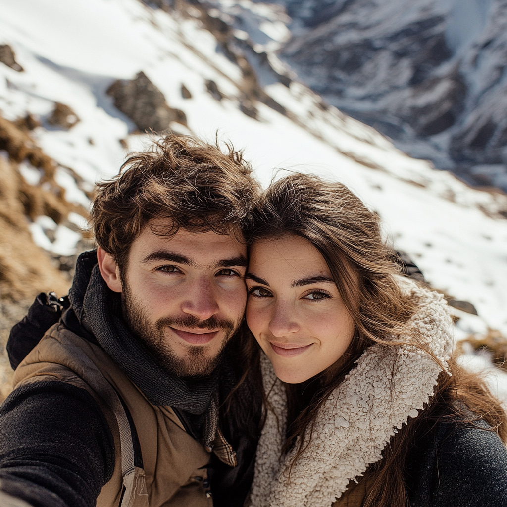 Couple taking mountain selfie with emotive faces, specialist.