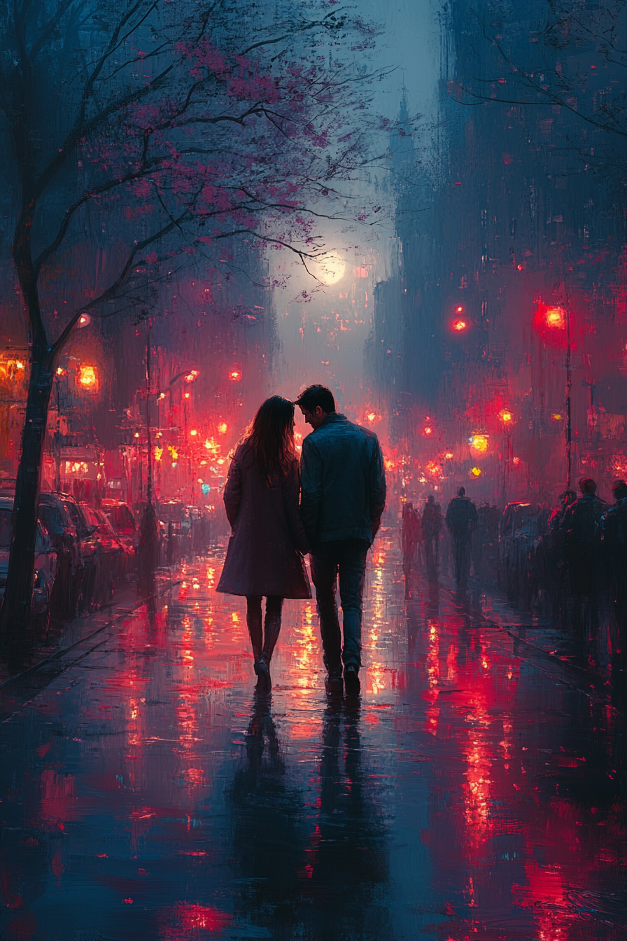 Couple walking through city at night, feeling happy.