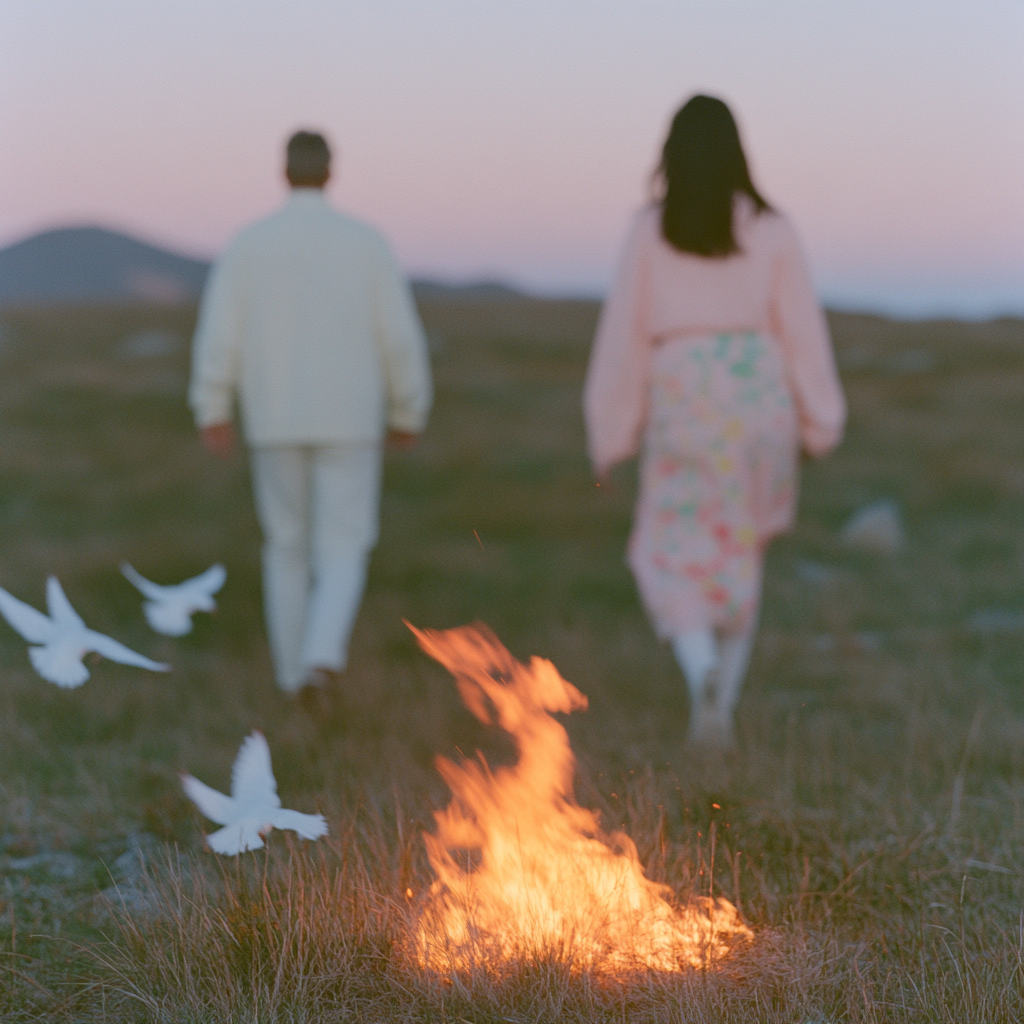 Couple walking towards fire surrounded by birds in film.